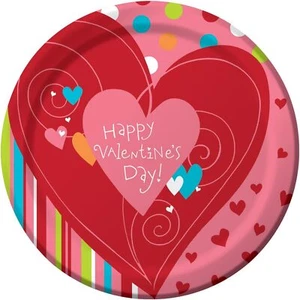 Happy Heart Swirl Love Red Valentine's Day Holiday Party 9" Paper Dinner Plates - Picture 1 of 1