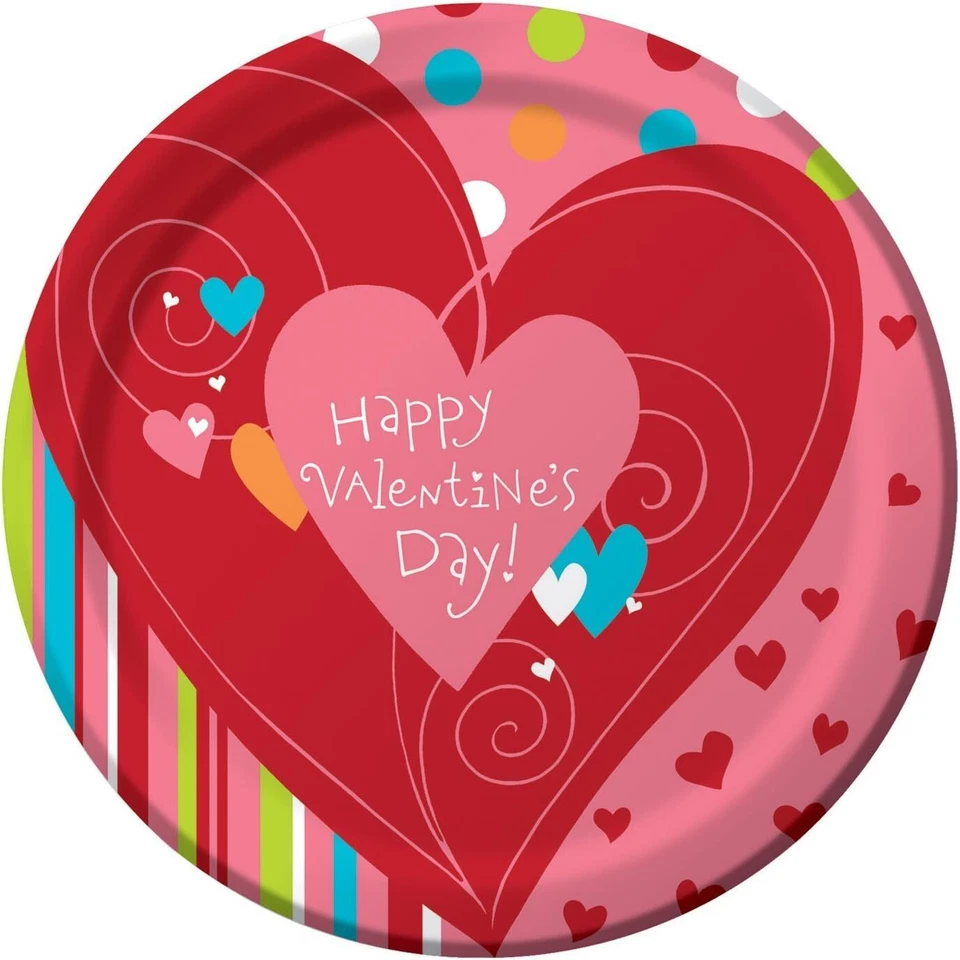 Happy Heart Swirl Love Red Valentine's Day Holiday Party 9" Paper Dinner Plates - Image 1 of 1