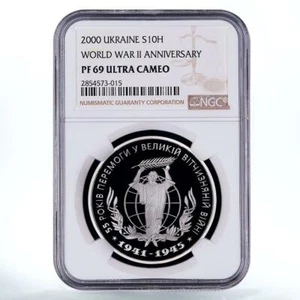 Ukraine 10 hryvnas 55 years Victory in Second World War PF 69 NGC silver 2000 - Picture 1 of 2