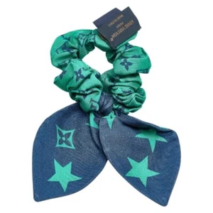 Louis Vuitton Monogram Star Scrunchie Hair Accessory M77798 Green Navy Silk Auth - Picture 1 of 4