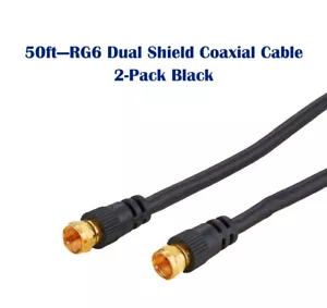 2-Pack -50ft Black RG6 Coax Cable Dual Shield for TV Antenna Satellite Dish DVD - Picture 1 of 9