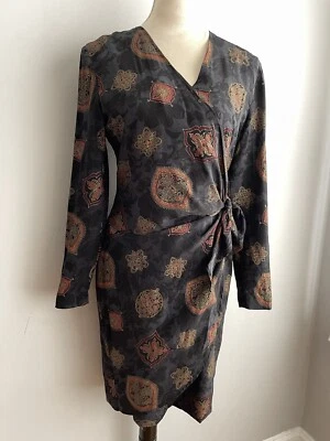 Jones New York Silk Faux Wrap V-Neck Short Dress Long Sleeve Floral Black Sz 6 - Image 1 of 4
