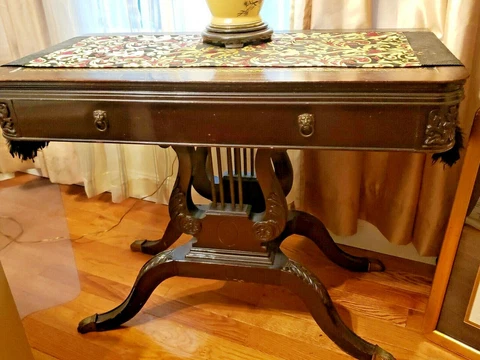 Antique Double Lyre Harp Card Dining Table with 3 Leaf Inserts Lion Head Accents Cover
