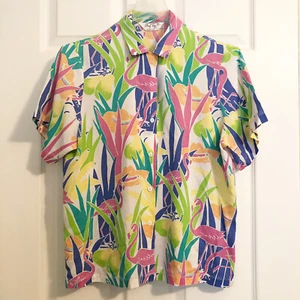 Vintage Womens Cheryl Tiegs Blouse Top Button Front Tropical Flamingo Print Cute - Picture 1 of 7