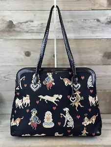 LOVELY! Brighton Carpet Bag Luggage Overnight Handbag Dog Motif Black Embroider - Picture 1 of 12