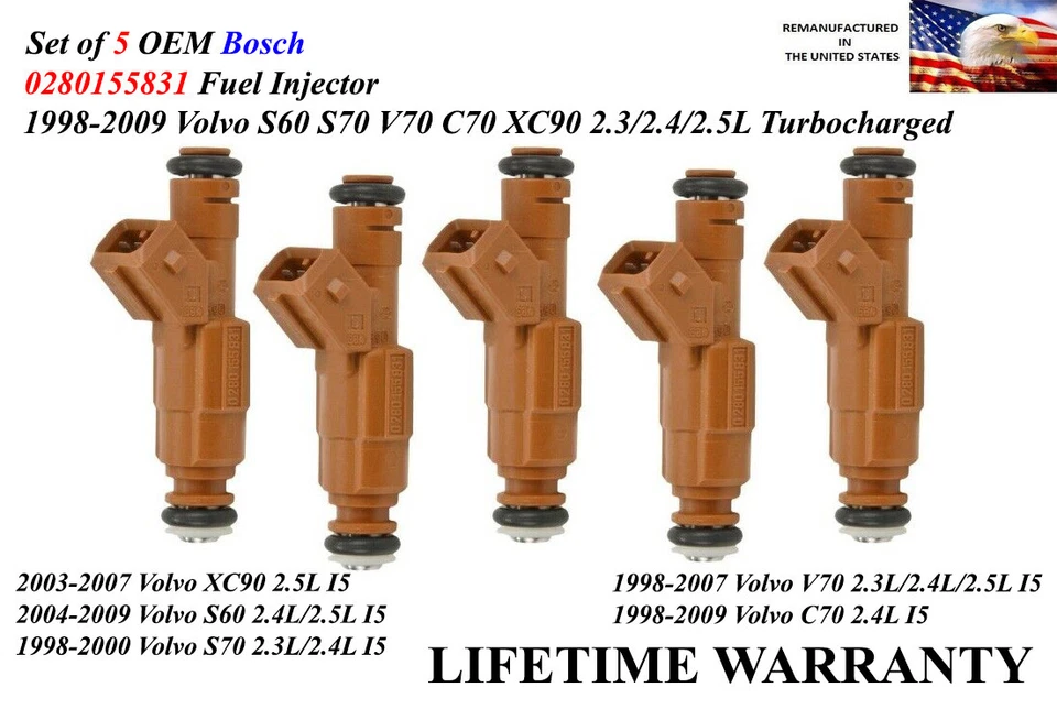 Juego de 5 inyectores de combustible Bosch OEM para Volvo S70 1998-1999-2000 2,3 L/2,4 L I5 Foto 1 de 1