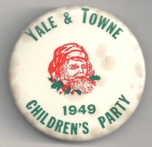 1949 Yale & Towne Stamford CT SANTA CHRISTMAS Kinder Party Pin! - Bild 1 von 2