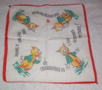 Vintage 8.5" Child Hankerchief Yellow/Green Pig Graphics with Red Trim - Image 1 of 4