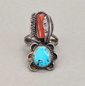 Native American Ring Sterling Silver Turquoise Coral Bezel Sz 5 Southwestern - Picture 1 of 14