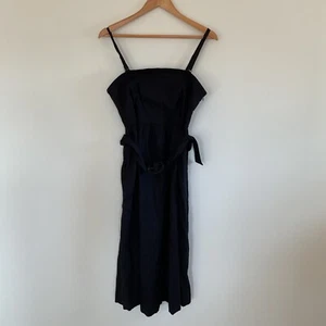 Joie Midi Black Linen Blend Smocked Black Dress Sundress Sz 12 Belted Pockets - Picture 1 of 13