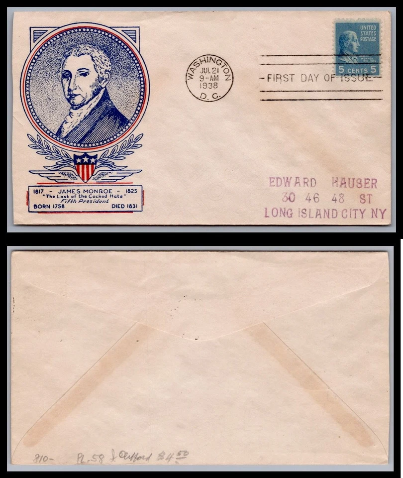 US FDC # 810 5c James Monroe  Clifford   1938, 0a1538 - Image 1 of 1