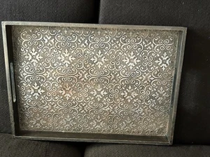 Vintage Wood Surrounding Serving Tray Metal Bottom Handles Designed Lovely - Picture 1 of 9