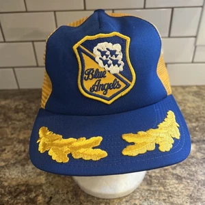 Vintage 1980s US Navy Blue Angels Blue/Yellow Patch Pilot Trucker Hat - Picture 1 of 7
