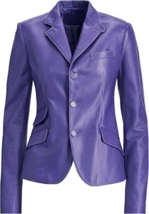 Leather Blazer Jacket Women Genuine Button Coat Vintage Womens Soft Size Blue 16 - Picture 1 of 4