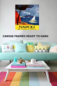 Art Print Vintage Italy Napoli Boats volcano travel Canvas framed - Picture 1 of 8