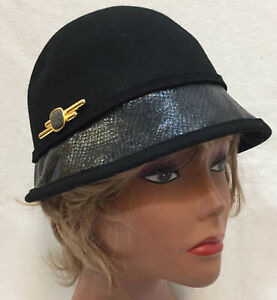 Cloche Hat Black Cap w/ Alligator Brim Brooch Pin Nine West Bucket 100% Wool