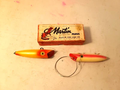 Vintage Martin Wood Salmon Plug  Lure Trolling. 5" in Box w/ extra. no hooks - Image 1 of 4