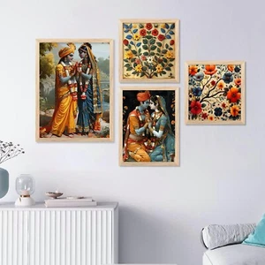 Set of 4 Framed Wall Painting for Home Madhubani Art Decor - Picture 1 of 5