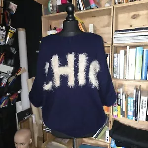 Navy Jumper X Large 52 Bust Furry Logo Chic Pullover Blink Friction Reclaim - Picture 1 of 5