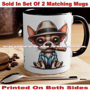 DigiPups Chihuahua Welpe Hund sitzend rauchend Zigarre Cartoon Kaffeetasse 2 Becher Set - Bild 1 von 3