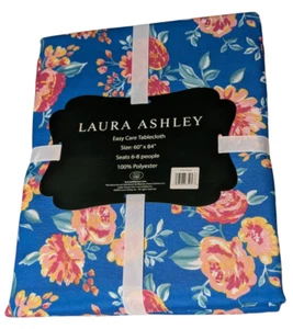 Laura Ashley Blue Floral Fabric Easy Care Tablecloth 60" x 84" Aviva Floral - Picture 1 of 5