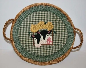 Round Wicker Bread or Muffin Basket with Removable Liner Cow Design - Picture 1 of 4