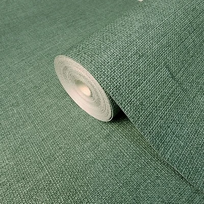 Contemporary Rustic Green plain faux fabric vinyl non woven textured Wallpaper - Image 1 of 4