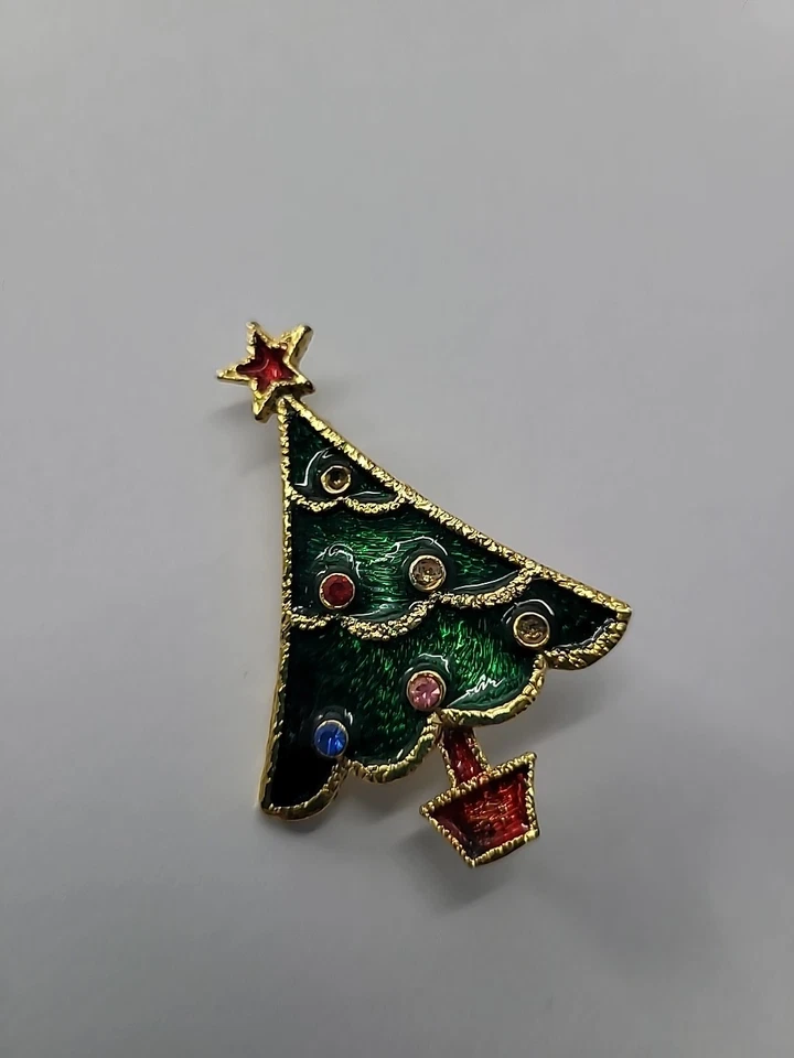 Broche de árbol de Navidad Beatrix vintage esmalte verde tono dorado prendedor navideño firmado Foto 1 de 4