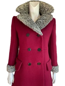 1960’s FUR TRIMMED COAT Vintage Wool Curly Sheep Lamb High Quality Cranberry S - Picture 1 of 11