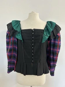 Vintage Helene Straber Ruffled Plaid Puff Sleeve Blouse Size 42 (approx UK 14) - Picture 1 of 16