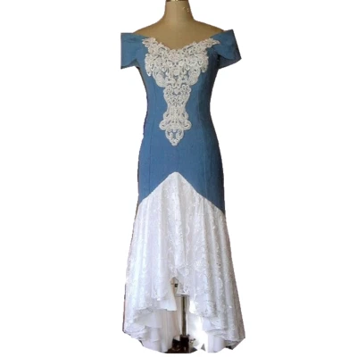 Blue Denim and White Lace Hi/Lo Western Wedding Dress, Size 12 - Image 1 of 4