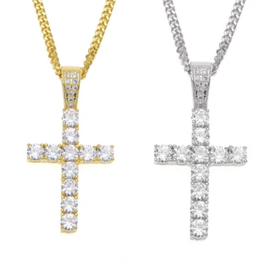 Cadena Cubana 24" Hip Hop Oro 18K Plata Cruz de Jesús Colgante Collar Eslabón Regalo Foto 1 de 4