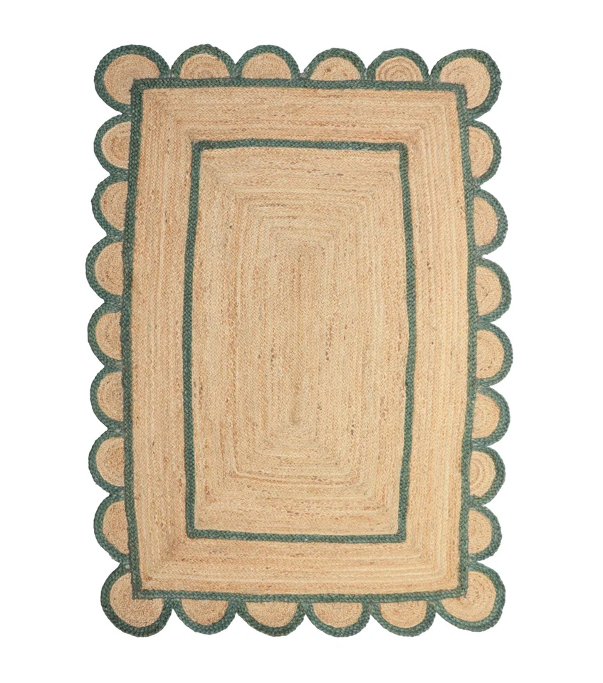 Scalloped Jute Rug Natural with Green Trim Boho Jute Area Rug Scallop Runner Rug - Image 1 of 4