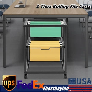 2-Tier Metal Rolling File Cart Hanging Files Movable Drawer File Cabinet Office - Picture 1 of 16