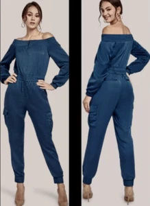 BCBGMAXAZRIA EDYTH OFF SHOULDER JUMPSUIT BLUE SATIN ROMPER SZ LARGE - Picture 1 of 13