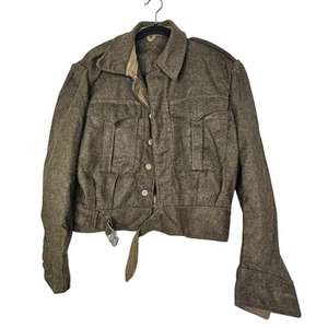 Vintage 50s S French Military Green Ike Jacket Wool Buckle Button Front Wool  - Picture 1 of 10