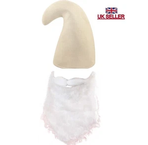 Adults Garden Gnome Dwarf Hat & Beard White Colour Fancy Dress Costume Accessory - Picture 1 of 3