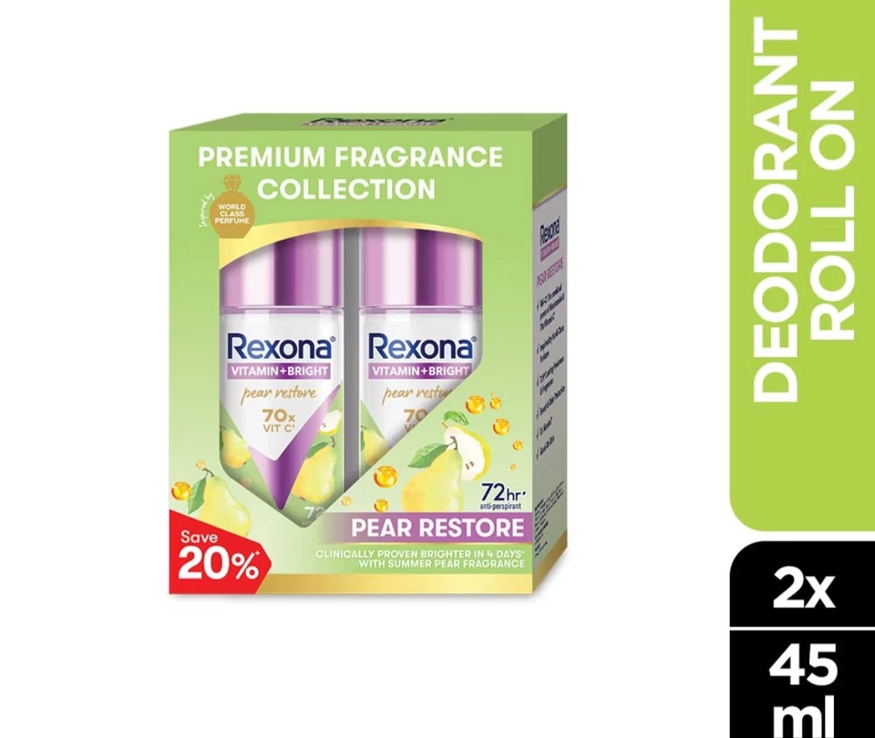 Desodorante roll on restaurador pera brillante vitamina REXONA 2x45 ml Foto 1 de 3