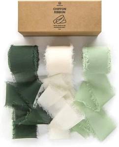Handmade Chiffon Silk Ribbon Fringe Green & Cream 1.5" x 21 Yd Frayed Edges - Picture 1 of 6