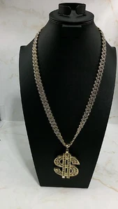 Gold Plated Iced Large Dollar Sign Charm & Matching Iced Cuban Chain Necklace - Picture 1 of 6