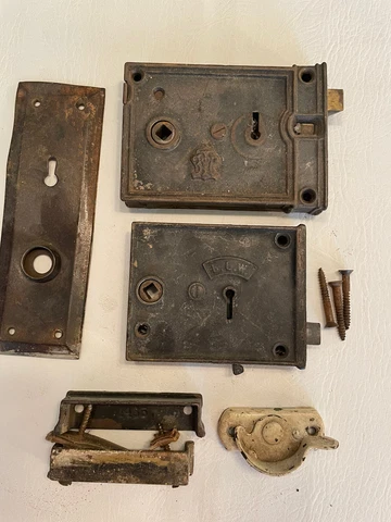 2 Antique Door Locks R.L.W Vintage Door Jam Lock Key Plate Cover