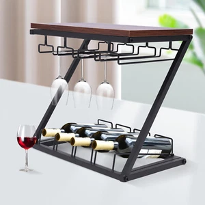 17*10*15.55in Black Countertop Wine Rack W/ 4 Wine Bottles& 8-12Glasses Holder - Picture 1 of 17