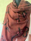 100% WOOL Scarf  shawl of very fine wool embroidery brown Passigatti