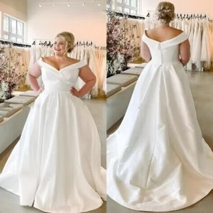 Simple Satin Wedding Dresses Plus Size Off The Shoulder Sweep Train Bridal Gowns - Picture 1 of 10