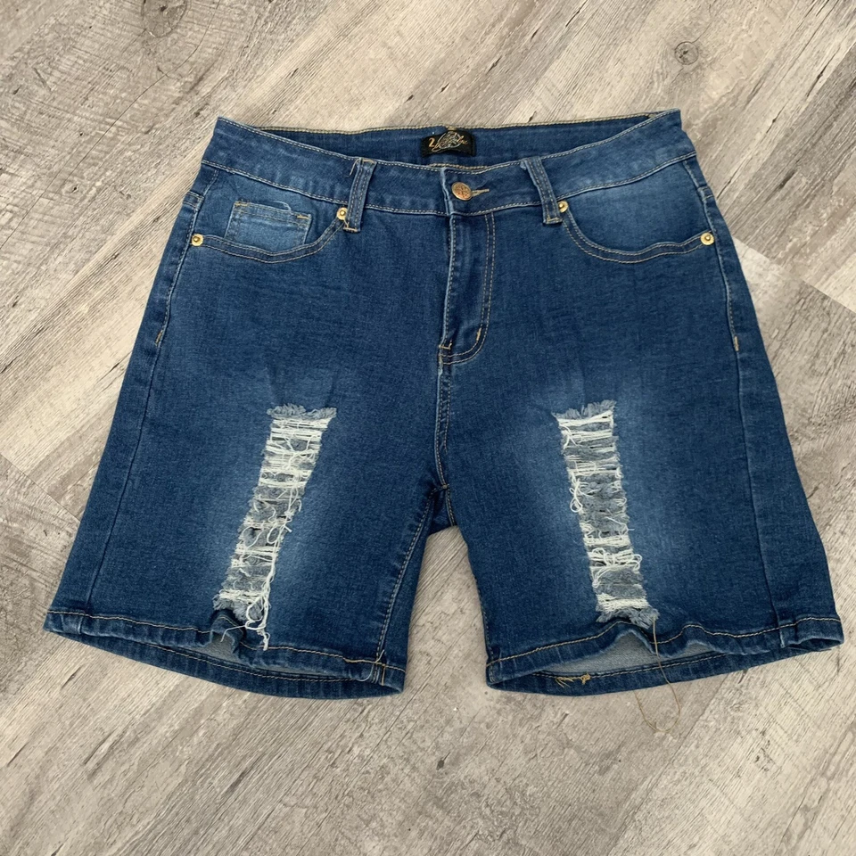 2-Blue Brand Shorts Juniors Sz 7 Stretch Mid-Rise Jean Distressed Denim Bermuda - Image 1 of 4