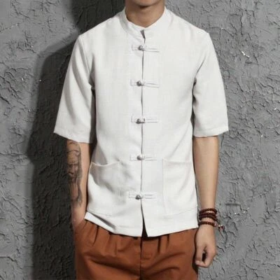 Summer Men Chinese Linen T Shirt Half Sleeve Buckle Down Coat Kung Fu Taichi Top - Image 1 of 4