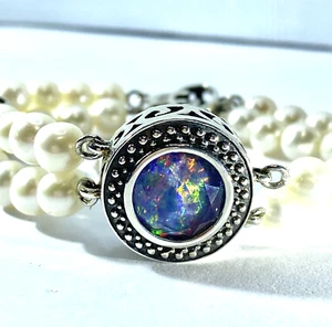 Vintage Sterling Silver Black Opal Triplet Cultured Pearl Bracelet 7 in - Picture 1 of 21