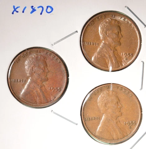 1955-P + 1955-D + 1955-S - USA Lincoln Wheat Cent Set - INV# X-1870   🇺🇸 Cover
