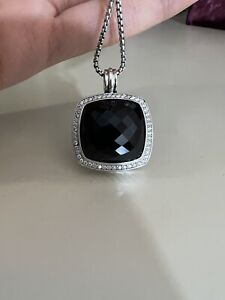 David Yurman 925 Silver 20mm Albion Pendant W/Black Onyx Diamonds 18" Necklace