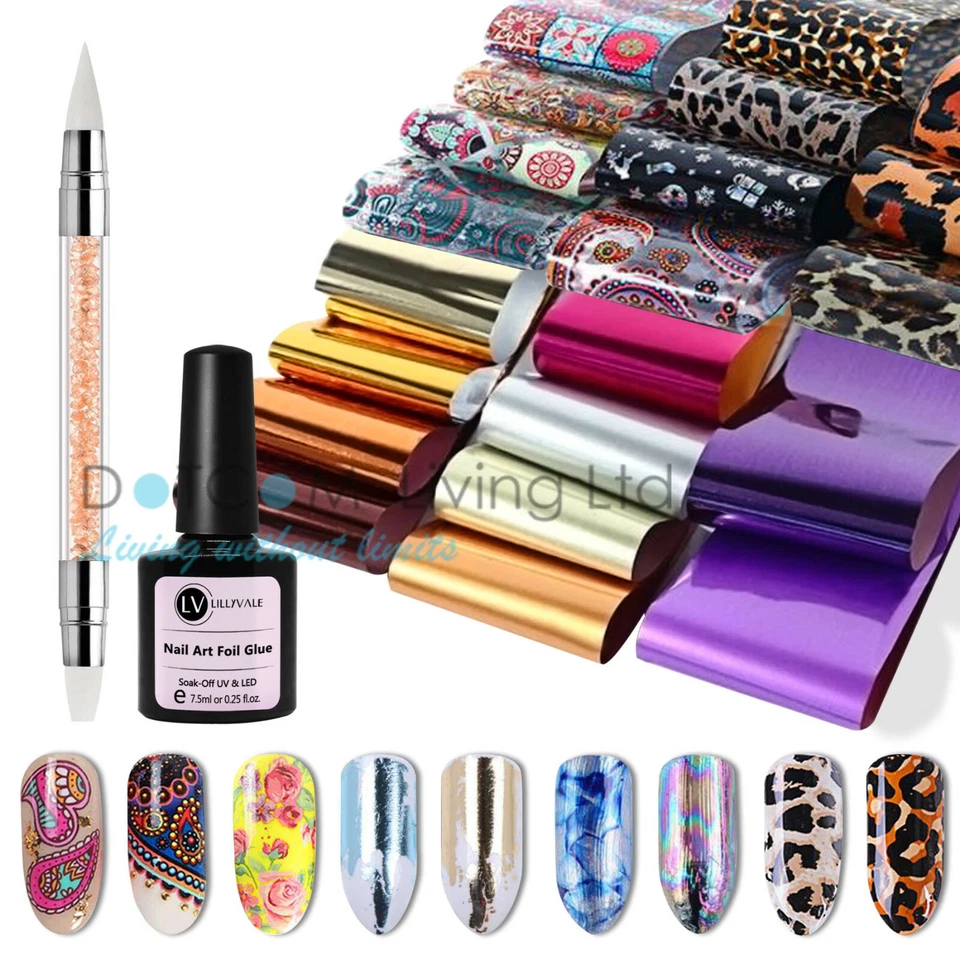 Nail Foils Nail Art Transfer Foil Glue Wraps Mixed Decal Stickers 50PCS Kit Set - Image 1 of 4